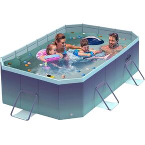 Foldable Pool Collapsible Rectangle PVC Non-Inflatable Swimming Pool for Kids Family Adults with Iron Support Swimming Pool for Outside Backyard Pet Dog (Gradient Blue)