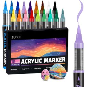 SUNEE Acrylic Paint Markers Brush Tip, 18 Colors Acrylic Markers with Automatic Ink Control System, Waterproof Acrylic Paint Pens for Painting,Wood, Canvas, Glass, Stone, Fabric and Art Supplies