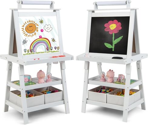 Costzon Kids Art Easel, 3 in 1 Double-Sided Painting Easel w/Magnetic Whiteboard, Chalkboard & Paper Roll, 2-Tier Storage Rack & 2 Boxes, Standing Easel for Kids, Toddlers, Gift for Boys, Girls in Saudi Arabia