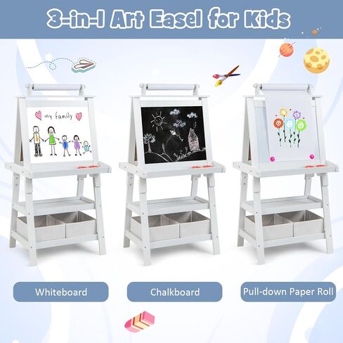 Costzon Kids Art Easel, 3 in 1 Double-Sided Painting Easel w/Magnetic Whiteboard, Chalkboard & Paper Roll, 2-Tier Storage Rack & 2 Boxes, Standing Easel for Kids, Toddlers, Gift for Boys, Girls in Saudi Arabia