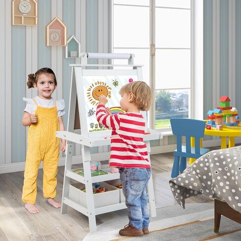 Costzon Kids Art Easel, 3 in 1 Double-Sided Painting Easel w/Magnetic Whiteboard, Chalkboard & Paper Roll, 2-Tier Storage Rack & 2 Boxes, Standing Easel for Kids, Toddlers, Gift for Boys, Girls in Saudi Arabia