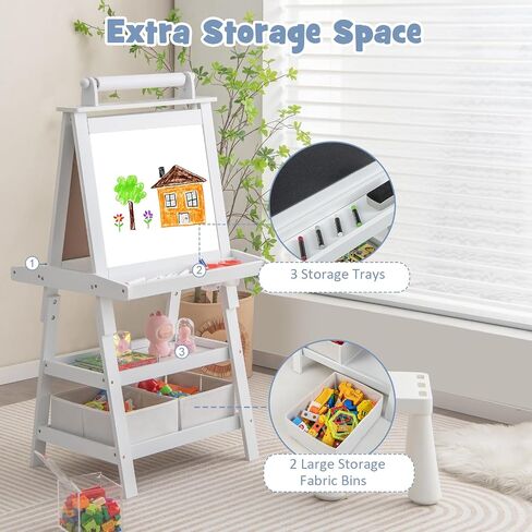 Costzon Kids Art Easel, 3 in 1 Double-Sided Painting Easel w/Magnetic Whiteboard, Chalkboard & Paper Roll, 2-Tier Storage Rack & 2 Boxes, Standing Easel for Kids, Toddlers, Gift for Boys, Girls in Saudi Arabia