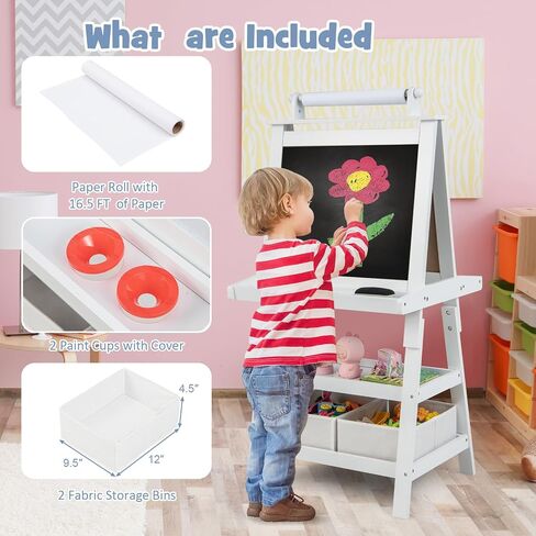Costzon Kids Art Easel, 3 in 1 Double-Sided Painting Easel w/Magnetic Whiteboard, Chalkboard & Paper Roll, 2-Tier Storage Rack & 2 Boxes, Standing Easel for Kids, Toddlers, Gift for Boys, Girls in Saudi Arabia