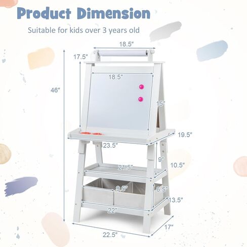 Costzon Kids Art Easel, 3 in 1 Double-Sided Painting Easel w/Magnetic Whiteboard, Chalkboard & Paper Roll, 2-Tier Storage Rack & 2 Boxes, Standing Easel for Kids, Toddlers, Gift for Boys, Girls in Saudi Arabia
