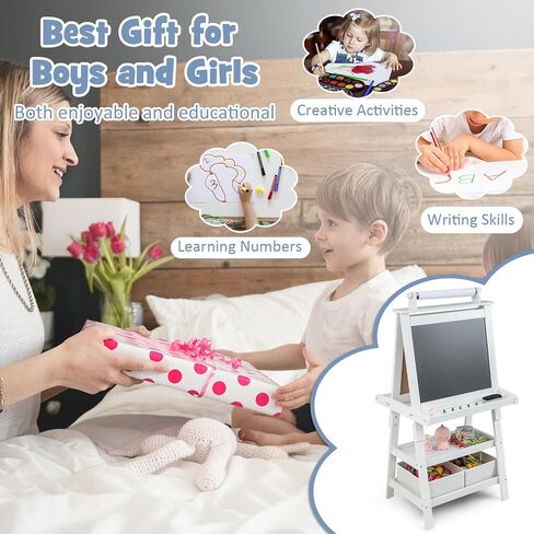 Costzon Kids Art Easel, 3 in 1 Double-Sided Painting Easel w/Magnetic Whiteboard, Chalkboard & Paper Roll, 2-Tier Storage Rack & 2 Boxes, Standing Easel for Kids, Toddlers, Gift for Boys, Girls in Saudi Arabia