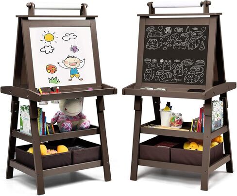 Costzon Kids Art Easel ، 3 في 1 لوحة مزدوجة على الوجهين مع لوحة بيضاء مغناطيسية ، لفة الطباشير والورق ، رف تخزين ثنائي المستوى وصناديق 2 ، دافئة للأطفال ، الأطفال الصغار ، هدية للبنين ، الفتيات in Kuwait