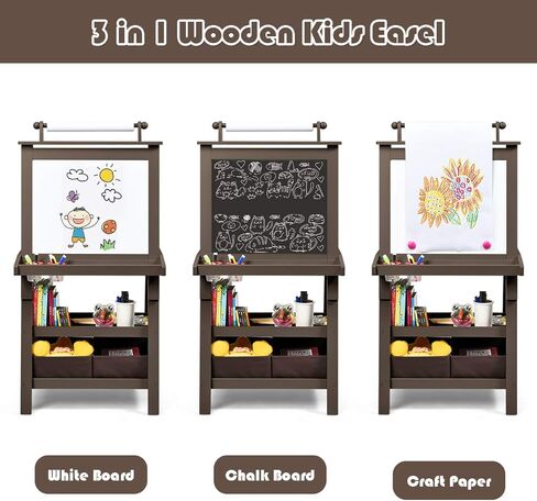Costzon Kids Art Easel ، 3 في 1 لوحة مزدوجة على الوجهين مع لوحة بيضاء مغناطيسية ، لفة الطباشير والورق ، رف تخزين ثنائي المستوى وصناديق 2 ، دافئة للأطفال ، الأطفال الصغار ، هدية للبنين ، الفتيات in Kuwait