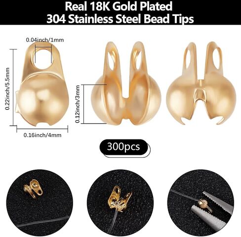 Beebeecraft 1 Box 300Pcs Open Bead Tips 18K Gold Plated 304 Stainless Steel Clamshell Knot Cover Crimp Fold-Over Calotte Ends Caps for Jewellery Making DIY Crafts in Kuwait