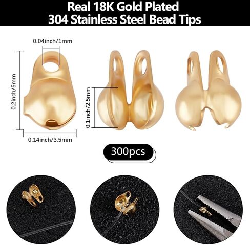 Beebeecraft 1 Box 300Pcs Open Bead Tips 18K Gold Plated 304 Stainless Steel Clamshell Knot Cover Crimp Fold-Over Calotte Ends Caps for Jewellery Making DIY Crafts in Kuwait