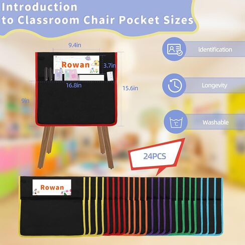 24 PCS Chair Pockets for Classroom, 15.6x16.8 Inch Seat Pockets for Classroom Chairs, Black Seat Sacks for Classroom Chairs with Name Tag, Back of Chair Organizer for Kids in Classroom in Saudi Arabia