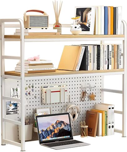 Desk Hutch Shelf Dorm 2 Tier Countertop Desktop Bookshelf With Pegboard,metal /MDF Desk Top Bookcase for Computer desk, Desk Storage Organizer Rack for Office Home Dormitory (black, 70cm/27.55in) in Kuwait