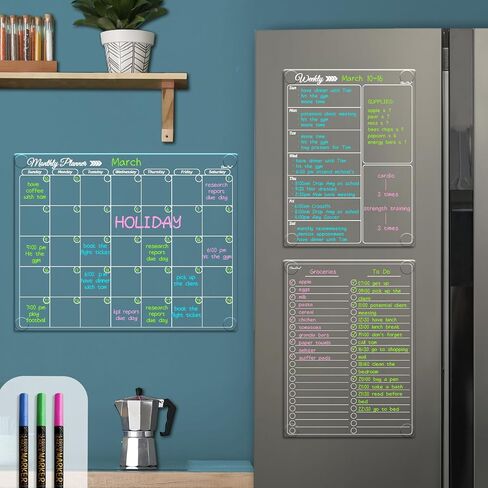 Clear Non-Magnetic Calendar Set for Fridge - Dry Erase Transparent Monthly, Weekly Calendar and List Board - Sticks to Wall, Glass, Door, Any Smooth Surfaces in Saudi Arabia