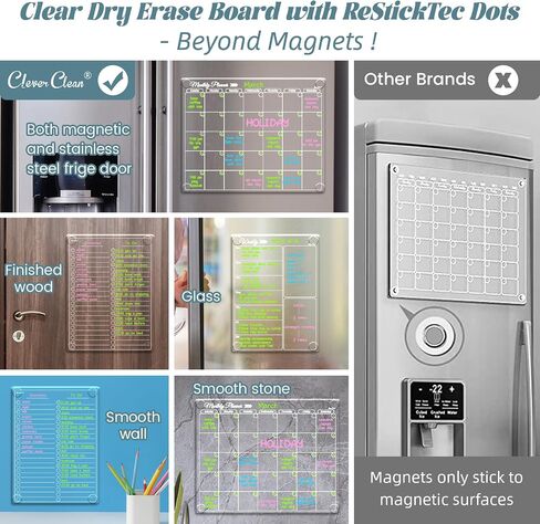 Clear Non-Magnetic Calendar Set for Fridge - Dry Erase Transparent Monthly, Weekly Calendar and List Board - Sticks to Wall, Glass, Door, Any Smooth Surfaces in Saudi Arabia