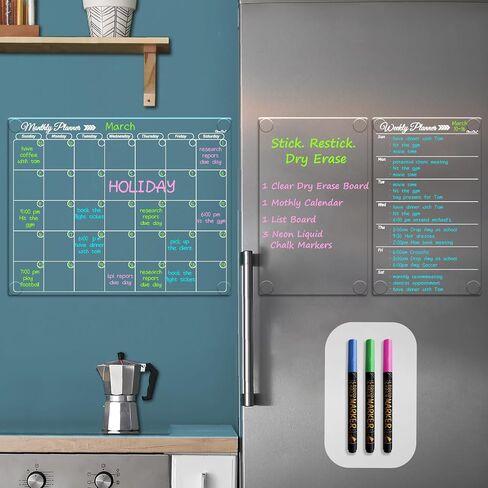 Clear Non-Magnetic Calendar Set for Fridge - Dry Erase Transparent Monthly, Weekly Calendar and List Board - Sticks to Wall, Glass, Door, Any Smooth Surfaces in Saudi Arabia