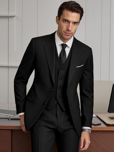 MAGE MALE Mens 3 Piece Slim Fit Suits Tuxedo Suit Set Prom Wedding Suits Two Button Blazer Jacket Vest Pants with Tie in Kuwait