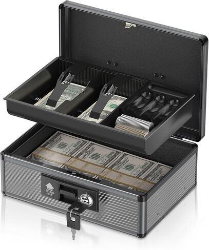 Locking Cash Box with Money Tray and Key, Secure Money Safe Box for Cash, Portable Money Box with 2 Storage Spaces, Money Saving Organizer(Black, Extra Large) in Saudi Arabia