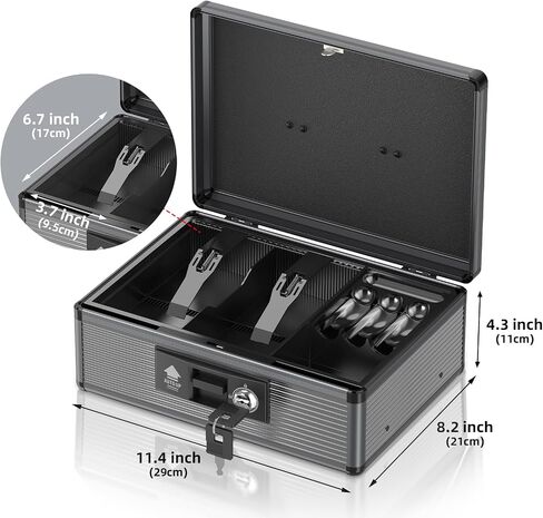 Locking Cash Box with Money Tray and Key, Secure Money Safe Box for Cash, Portable Money Box with 2 Storage Spaces, Money Saving Organizer(Black, Extra Large) in Saudi Arabia