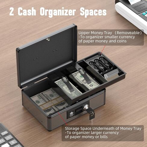 Locking Cash Box with Money Tray and Key, Secure Money Safe Box for Cash, Portable Money Box with 2 Storage Spaces, Money Saving Organizer(Black, Extra Large) in Saudi Arabia