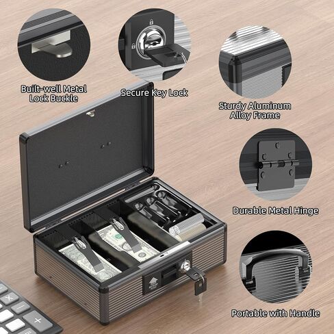 Locking Cash Box with Money Tray and Key, Secure Money Safe Box for Cash, Portable Money Box with 2 Storage Spaces, Money Saving Organizer(Black, Extra Large) in Saudi Arabia