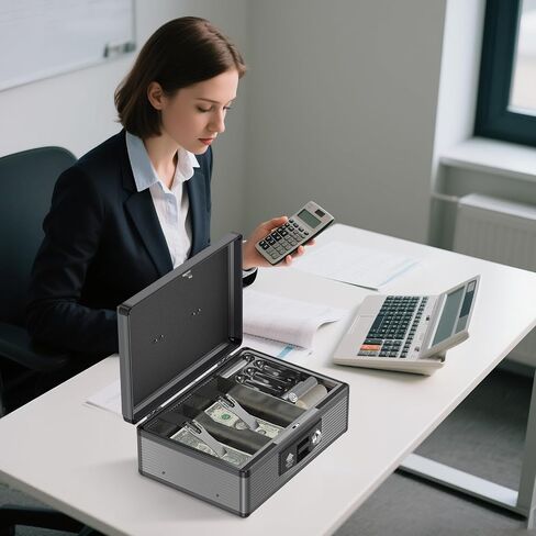 Locking Cash Box with Money Tray and Key, Secure Money Safe Box for Cash, Portable Money Box with 2 Storage Spaces, Money Saving Organizer(Black, Extra Large) in Saudi Arabia