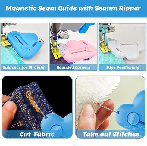 Magnetic Seam Guide for Sewing Machine with Seam Ripper, Upgraded Multifunctional Polygonal Hemmer Guide with Scale, Stitch Remover Tool, Universal Sewing & Quilting Accessories Supplies (Blue) in Saudi Arabia