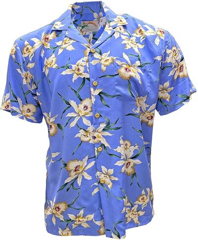 بارادايس فاوند قميص هاواي للرجال - ستار اوركيد نافي | 100% رايون بازرار لاسفل، صنع في هاواي، ملابس شاطئ الوها الصيفية in Kuwait