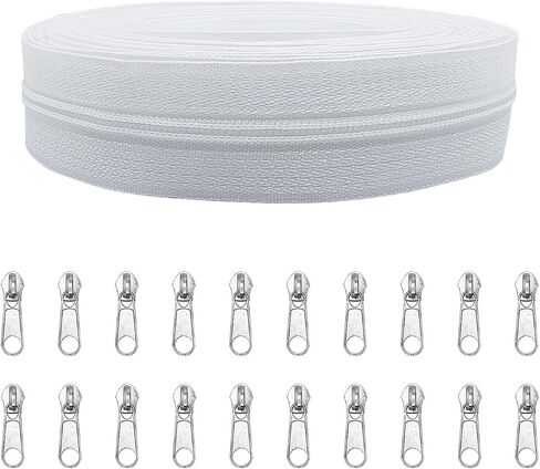 ANPURZII NO.5 Nylon Coil White Zippers by The Yard Bulk 10 Yards with 20pcs Zipper Sliders for DIY Sewing Tailor Craft Bags (White) in Kuwait