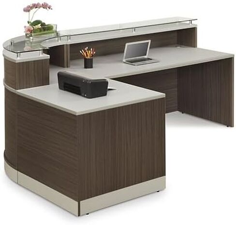 NBF L Shaped Modern Reception Desk with Counter - 79" W x 63" D Retail Checkout Counter - Curved Front Desk Reception Counter - Countertop Welcome Desk for Office Lobby Salon Store (Driftwood) in Saudi Arabia