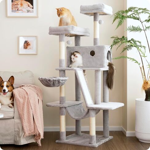 Ouritsu Cat Tree, 61 inch Tall Cat Tower for Large Cat Indoor, Enlarged Condo, 2 Padded Perches with 1 Widened, Large Hammock, Scratching Post and ramp, Fluffy Basket, Light Gray, LF002GA in Saudi Arabia