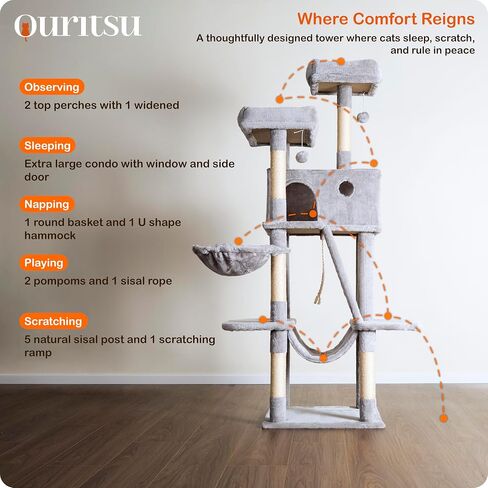 Ouritsu Cat Tree, 61 inch Tall Cat Tower for Large Cat Indoor, Enlarged Condo, 2 Padded Perches with 1 Widened, Large Hammock, Scratching Post and ramp, Fluffy Basket, Light Gray, LF002GA in Saudi Arabia