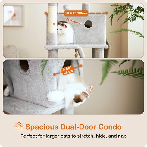 Ouritsu Cat Tree, 61 inch Tall Cat Tower for Large Cat Indoor, Enlarged Condo, 2 Padded Perches with 1 Widened, Large Hammock, Scratching Post and ramp, Fluffy Basket, Light Gray, LF002GA in Saudi Arabia
