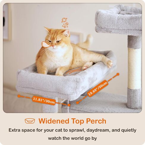 Ouritsu Cat Tree, 61 inch Tall Cat Tower for Large Cat Indoor, Enlarged Condo, 2 Padded Perches with 1 Widened, Large Hammock, Scratching Post and ramp, Fluffy Basket, Light Gray, LF002GA in Saudi Arabia