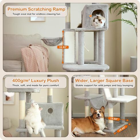 Ouritsu Cat Tree, 61 inch Tall Cat Tower for Large Cat Indoor, Enlarged Condo, 2 Padded Perches with 1 Widened, Large Hammock, Scratching Post and ramp, Fluffy Basket, Light Gray, LF002GA in Saudi Arabia