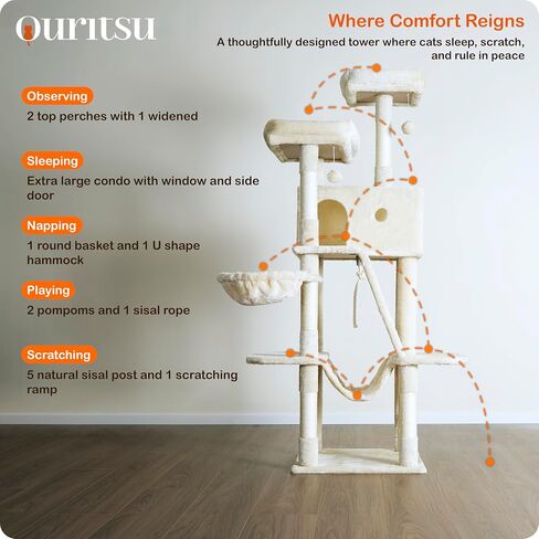 شجرة قطط Ouritsu ، برج قطط طوله 61 بوصة للقطط الداخلية الكبيرة ، الشقة الموسعة ، عثمان مبطونان مع واحد متوسع ، أرجوحة كبيرة ، منشور خدش ومنحدر ، سلة رقيق ، رمادي فاتح ، LF002GA in Kuwait