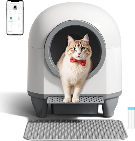 WARCAT Self Cleaning Litter Box Automatic, 90 L Automatic Cat Litter Box for Multiple Cats APP-Controlled with Smart Sensors, Safety Protection,Mat,1 Roll Garbage Bag (Gray) in Kuwait