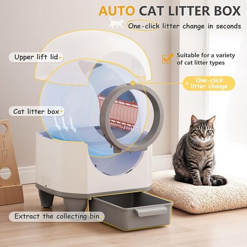 WARCAT Self Cleaning Litter Box Automatic, 90 L Automatic Cat Litter Box for Multiple Cats APP-Controlled with Smart Sensors, Safety Protection,Mat,1 Roll Garbage Bag (Gray) in Kuwait