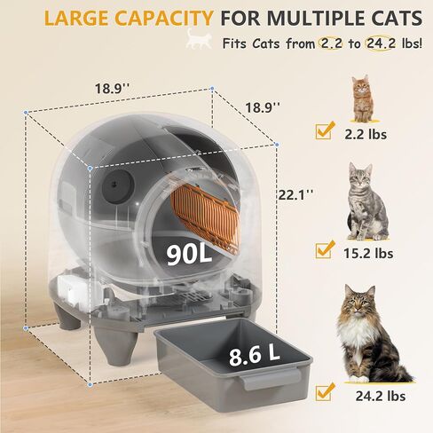 WARCAT Self Cleaning Litter Box Automatic, 90 L Automatic Cat Litter Box for Multiple Cats APP-Controlled with Smart Sensors, Safety Protection,Mat,1 Roll Garbage Bag (Gray) in Kuwait