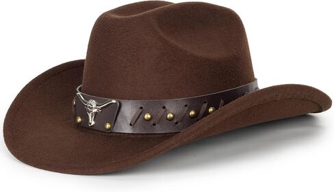 Western Felt Cowboy Cowgirl Hat - Wide Brim Panama Jazz Fedora Hat with Floral Engraved Buckle Belt Decoration 22.4" to 22.8" in Kuwait