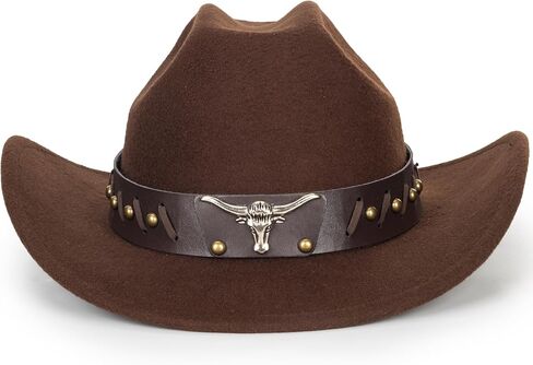 Western Felt Cowboy Cowgirl Hat - Wide Brim Panama Jazz Fedora Hat with Floral Engraved Buckle Belt Decoration 22.4" to 22.8" in Kuwait