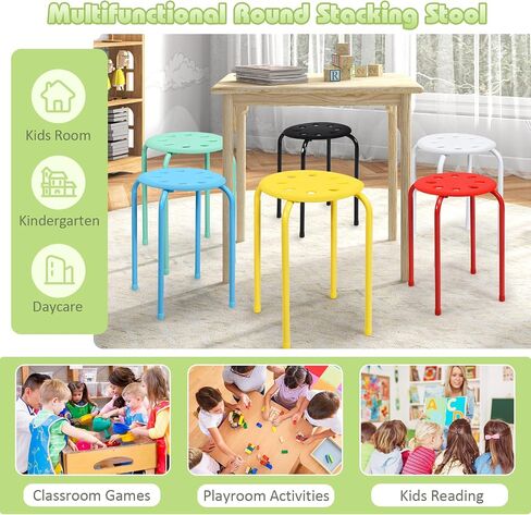 HONEY JOY 6 Pack Stackable Stool, 17.5" Kids Stacking Decoration Stool Set w/Metal Frame & Plastic Seat, Backless Round Flexible Seating for Children's Table, School, Classroom(6 Piece, Gray) in Saudi Arabia