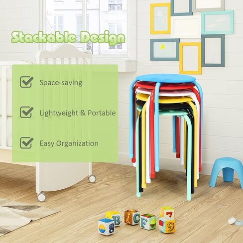 HONEY JOY 6 Pack Stackable Stool, 17.5" Kids Stacking Decoration Stool Set w/Metal Frame & Plastic Seat, Backless Round Flexible Seating for Children's Table, School, Classroom(6 Piece, Gray) in Saudi Arabia