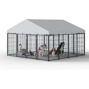 KEIKI Large Outdoor Dog Kennel, 9.6' x 9.4' x 6.2' Metal Dog Fence w/Roof Cover, Double-Door Lock, Adjustable Feeders, Pet Enclosure for Dogs, Chickens, Rabbits, Ducks