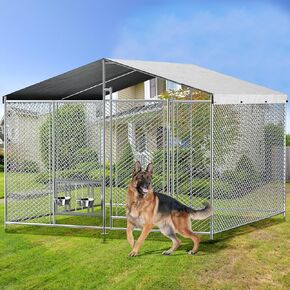 10'x10' Outside Dog Kennel with Roof Large Metal Chicken Coop with 2 Rotating Bowls and Updated Secure Lock Heavy Duty Dog Kennel for Outdoor Backyard Farm Use