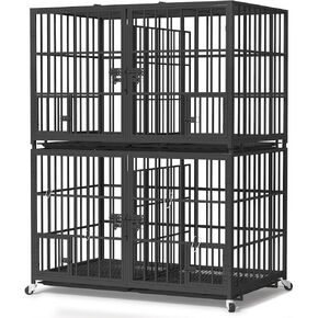 42 inch Stackable Heavy Duty Dog Crate with Open Top,Metal Double Dog Cage for 4 Dogs/Medium Dog,Dog Kennel Indoor with Wheels,Removable Trays, Divider