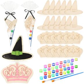 24 Set Paint Your Own Witch Princess Party Favors Pink and Green Party Supplies Witch Hats Princess Crowns DIY Wood Painting Craft Kit Color Your Own Arts Crafts Kit for Birthday Gift