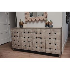 Wooden Weave 4-Door Credenza, Soft Close Doors, Grey Wash Finish.