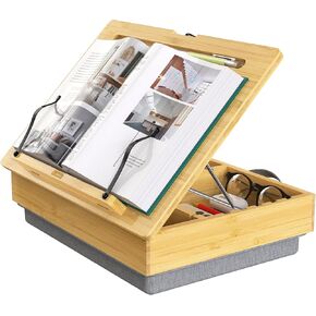 AboveTEK Book Stand for Reading with Storage, Adjustable Bamboo Book Holder with Soft Lap Cushion, Cookbook Stand, Hands-Free Book Reading Stand for Bed, Desktop & Kitchen Counter