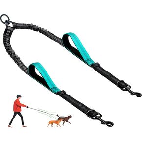 Double Dog Leash - No Tangle Splitter for Two Dogs, Coupler with Adjustable Long Lead Rope, Dual Control Handles, Retractable No Pull Bungee, Walk Train Small Medium Large 2 Pets (Green)