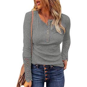 Color Block Waffle Knit Henley Shirts Long Sleeve V-Neck Casual Slim Fit Thermal Button Up Tunics Tops, grey, X-Large