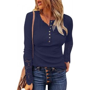 Color Block Waffle Knit Henley Shirts Long Sleeve V-Neck Casual Slim Fit Thermal Button Up Tunics Tops, 005-navy, X-Large